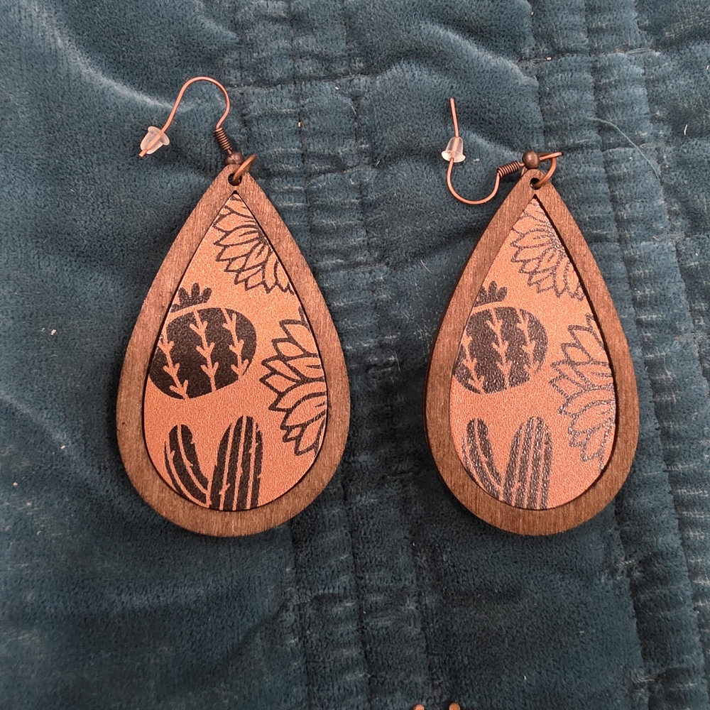 Wooden Teardrop Cactus Earrings